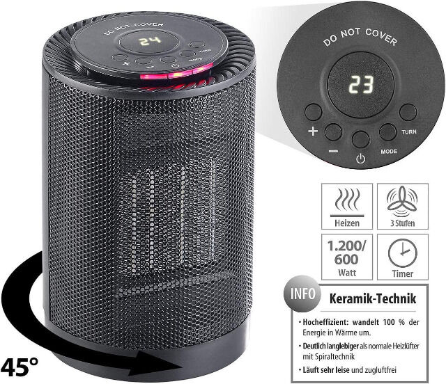 Carlo Milano Keramiklüfter Digitaler Keramik-Tisch-Heizlüfter, 3 Stufen & Oszillation, 1.200 Watt Standheizung, Ventilator,Heizkörper,Winter