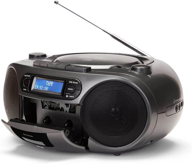 Aiwa BBTC-660DAB/MG Grau Tragbares Hifi Radio mit CD, Kassttendeck, Bluetooth,DAB+,USBCD-Player, Kassettenspieler, Radio, FM, Ghettoblaster