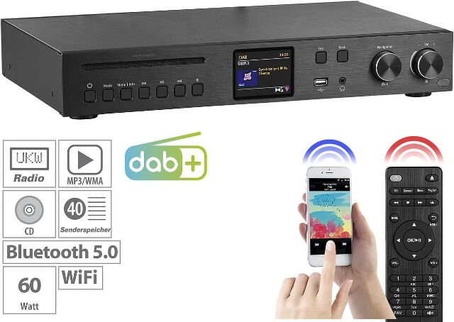 VR-Radio IRS-715 Digitaler WLAN-HiFi-Tuner mit Internetradio, DAB+, UKW, MP3, kostenlose App, Radiowecker, Bildschirm, Lautsprecher, Box, CD