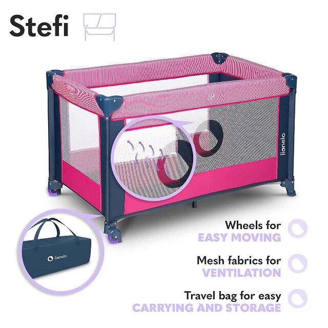 LIONELO Stefi Pink Rose Baby Laufstall Kinderbett Reisebett ab Geburt bis 15 kg Laufstall Sicherheit Urlaub Laufgitter Säugling Gehschule 