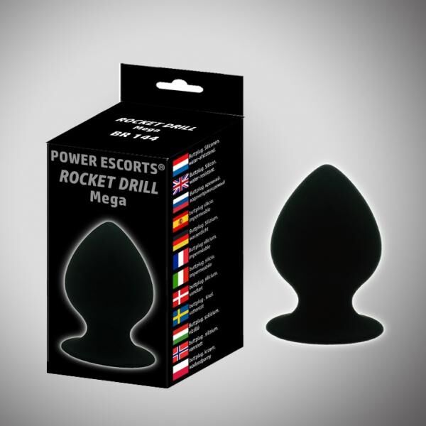 Power Escorts - BR144 - Rocket Drill Mega - Analplug - Starker Saugnapf - 11,4 × 6,2 CM / 4,4 × 2,4 Zoll - Schwarz