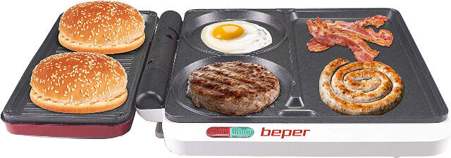 Beper P101CUD500 Multifunktionsgrill in Rot mit Antihaft-Beschichtung & 4 Kochflächen Burger Fleisch Gemüse Fisch Grill Eier Küche BBQ