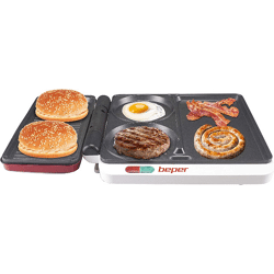 Beper P101CUD500 Multifunktionsgrill in Rot mit Antihaft-Beschichtung & 4 Kochflächen Burger Fleisch Gemüse Fisch Grill Eier Küche BBQ