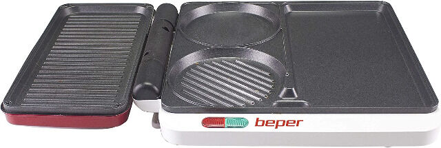 Beper P101CUD500 Multifunktionsgrill in Rot mit Antihaft-Beschichtung & 4 Kochflächen Burger Fleisch Gemüse Fisch Grill Eier Küche BBQ