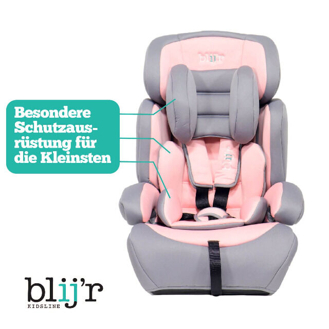 Blij´r Ivo pink/grey Autositz mit  Wumbi Sonnenschutz von 9-36 kg, extra Polsterung, höhenverstellbarer 5-Punkt-Gurt, Seitenschutz 
