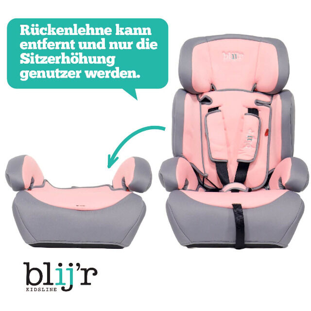 Blij´r Ivo pink/grey Autositz mit  Wumbi Sonnenschutz von 9-36 kg, extra Polsterung, höhenverstellbarer 5-Punkt-Gurt, Seitenschutz 