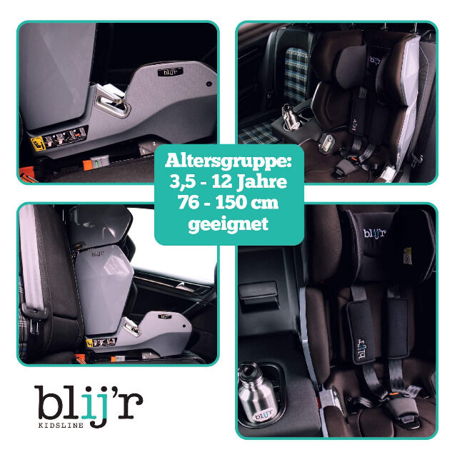 Blijr Uniek in Grau Autositz Kindersitz für Kinder ab 3,5 bis 12 Jahren Höhenverstellbar bis 150cm Kinderschale Reise Autokindersitz Urlaub 