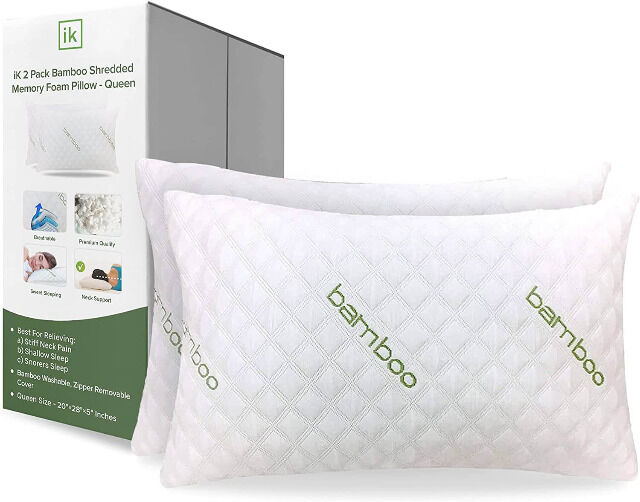 IK Bambuskissen Queensize 40 x 70 cm (2 Stück) mit geschreddertem Memory Schaum hypoallergen antibakteriell Kissen Bett Schlafen Rücken