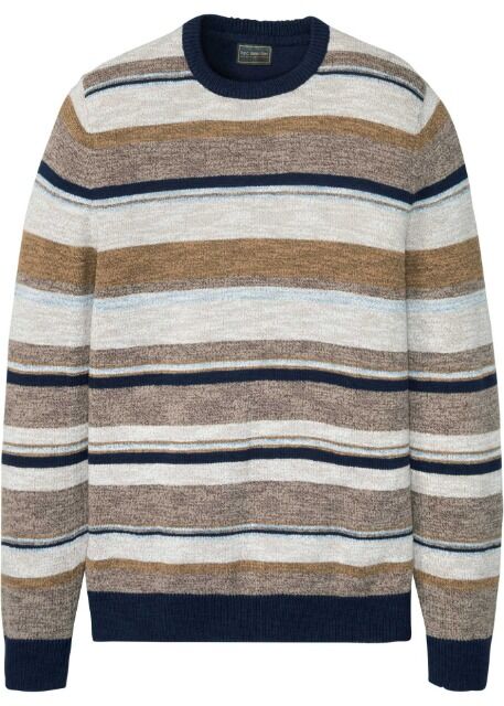 Herren Rundhals-Pullover sand quer gestreift