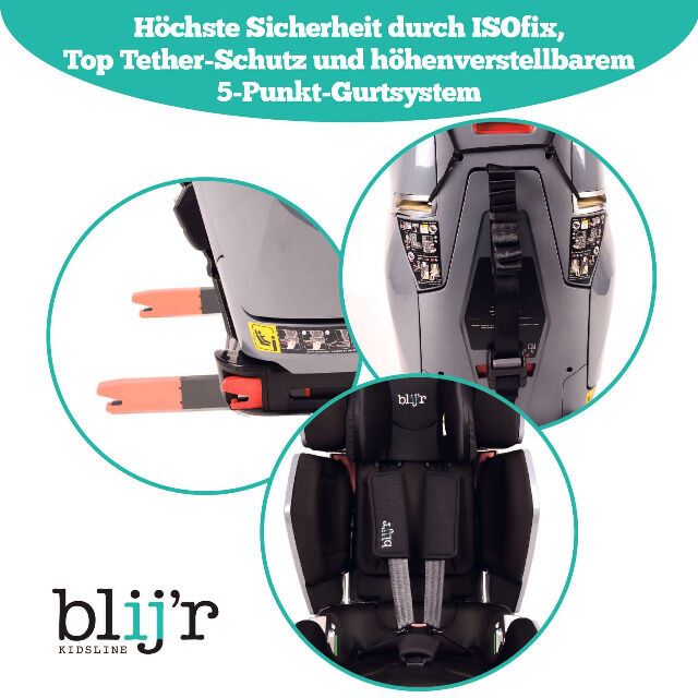 Blij´r Uniek Grau Autositz Kindersitz mit Sonnenschutz für Kinder ab 3,5 bis 12 Jahren Autokindersitz Kleinkinder Kfz Auto Reise Babyschale