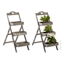 Pflanztreppe mit Herz, Holz, dreistufig, grau, ca. 80cmH