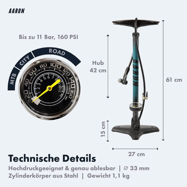 AARON Luftpumpe Sport One in Blau Fahrrad-Standpumpe für alle Ventile mit Manometer Ballpumpe Reifenpumpe Luftmatratze Urlaub Sport Freizeit