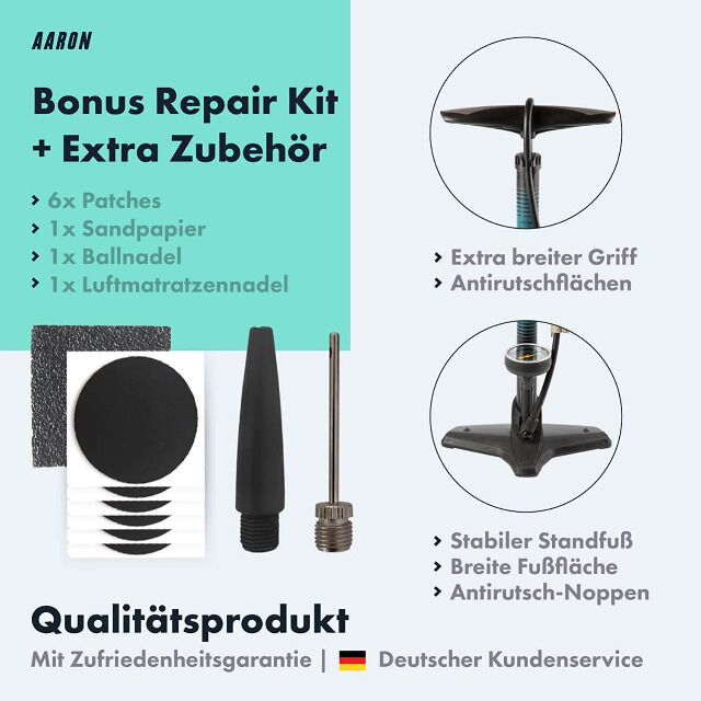 AARON Luftpumpe Sport One in Blau Fahrrad-Standpumpe für alle Ventile mit Manometer Ballpumpe Reifenpumpe Luftmatratze Urlaub Sport Freizeit