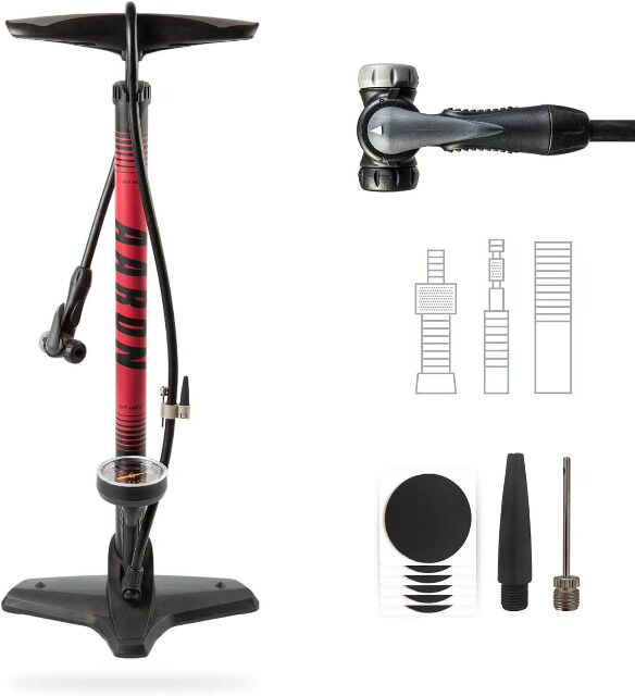 AARON Luftpumpe Sport One in Rot Fahrrad-Stand-Pumpe für alle Ventile mit Manometer Ballpumpe Luftmatratze Autoreifen Auto kfz Urlaub Sport 