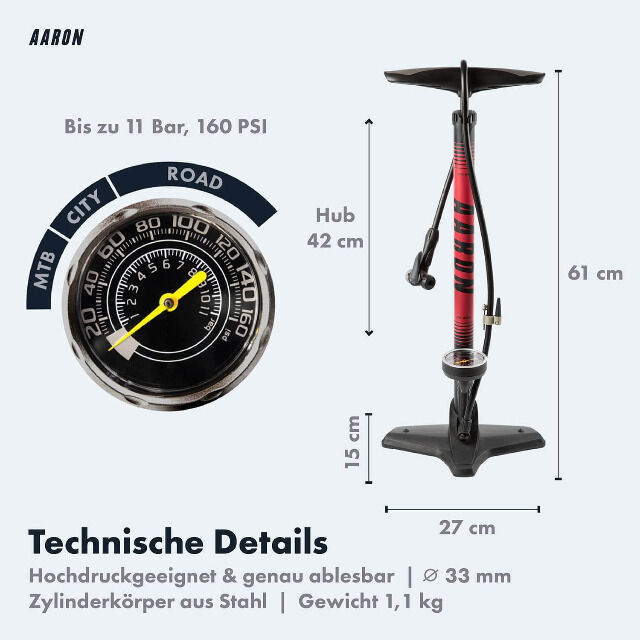 AARON Luftpumpe Sport One in Rot Fahrrad-Stand-Pumpe für alle Ventile mit Manometer Ballpumpe Luftmatratze Autoreifen Auto kfz Urlaub Sport 