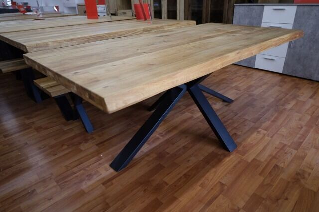 Esstisch Tisch + MASSIVHOLZ Eiche + Baumkante + Spider Gestell 200x100 cm 