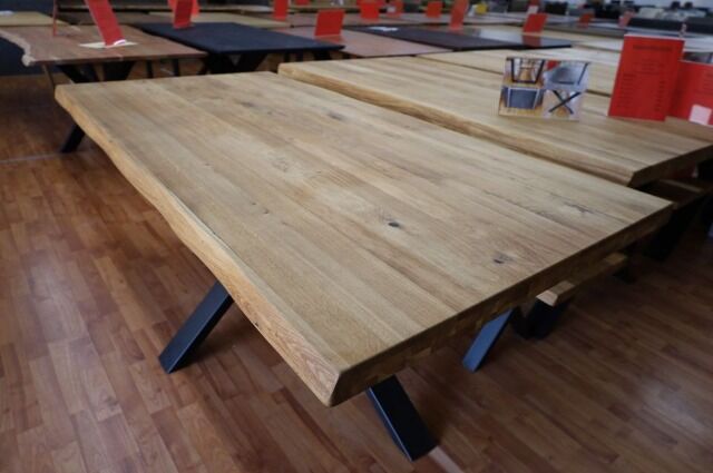 Esstisch Tisch + MASSIVHOLZ Eiche + Baumkante + Spider Gestell 240x100cm 