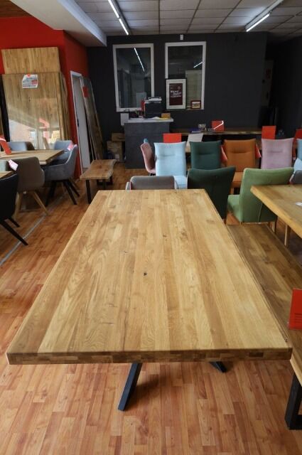 Esstisch Tisch + Massivholz Eiche + Stern Gestell + Baumkante 240x100cm 