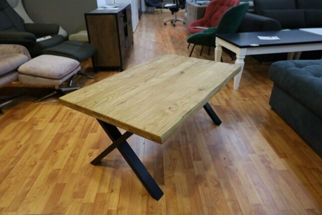 Couchtisch Massivholz Eiche +Baumkante + Metall Gestell 110x70x50 