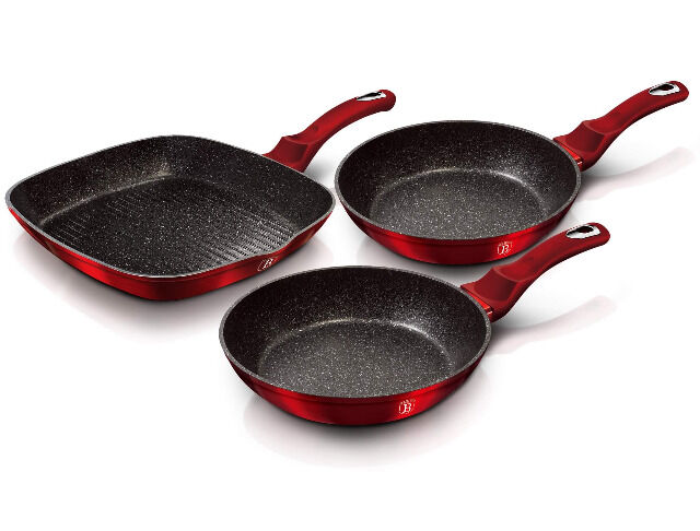 Berlinger Haus BH/1289NF Burgundy Collection Bratpfannen Set 3-tlg. in Rot mit Grillpfanne Pfanne Gasherd E-Herd Cerankochfeld Induktion 