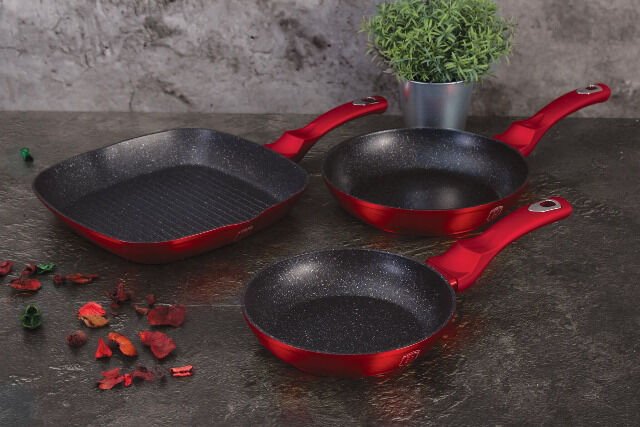 Berlinger Haus BH/1289NF Burgundy Collection Bratpfannen Set 3-tlg. in Rot mit Grillpfanne Pfanne Gasherd E-Herd Cerankochfeld Induktion 