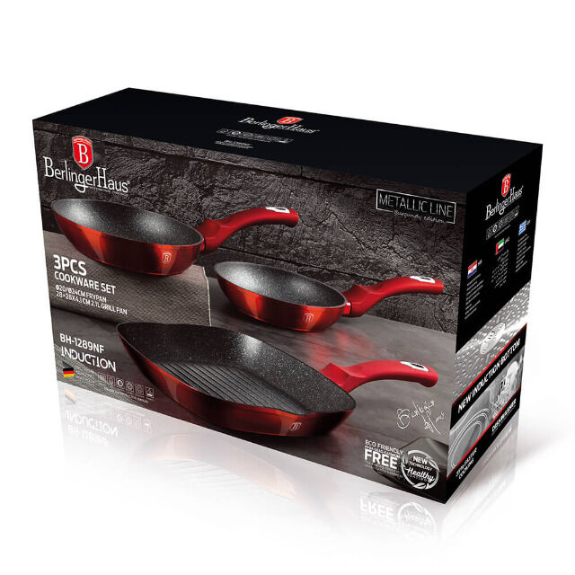 Berlinger Haus BH/1289NF Burgundy Collection Bratpfannen Set 3-tlg. in Rot mit Grillpfanne Pfanne Gasherd E-Herd Cerankochfeld Induktion 