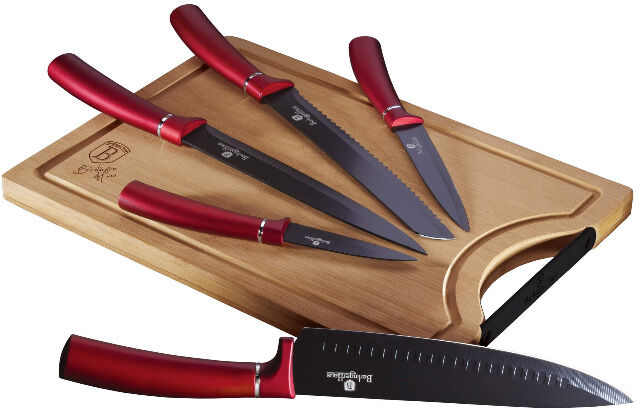 Berlinger Haus Metallic Line Burgundy BH/2552A Messer Set 6-tlg. in rot mit Schneidebrett aus Bambus Kochmesser Tranchiermesser Brotmesser
