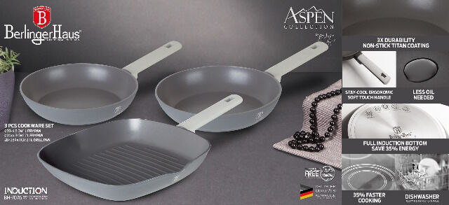 Berlinger Haus BH/7076 Aspen Collection Bratpfannen Set 3-tlg. in Grau mit Grillpfanne Pfanne Haushalt Küche Bratpfanne Induktion Gasherd 