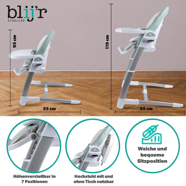 Blij'r Guusje 3in1 Hochstuhl, Babyschaukel & Esszimmerstuhl Grau Babywippe Kinderstuhl Kleinkinder Kinder Wippstuhl Neugeborenes Eltern