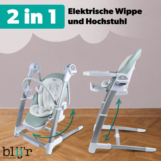 Blij'r Guusje 3in1 Hochstuhl, Babyschaukel & Esszimmerstuhl Minzgrün Babywippe Kinder Kleinkinder Neugeborenes Eltern Wippstuhl Kinderstuhl