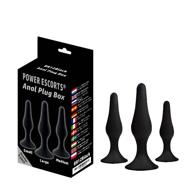 Power Escorts Silicone Anal Plug 3 Pack Set - Strong Suction Cup - BR12 Black