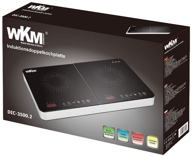 WKM Doppel-Induktionskochfeld 2000W + 1500W in schwarz/silberfarben, Digitaldisplay, Soft-Touch Steuerung Küche Haushalt