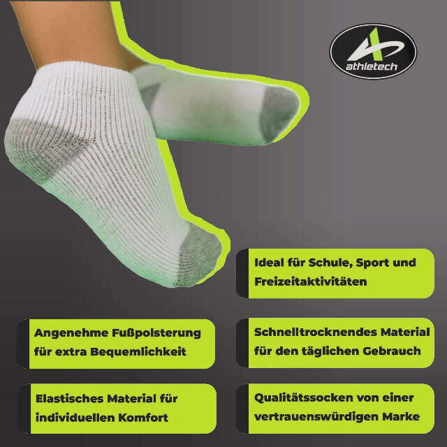 Athletech 6 Paar Low-Cut-Sportsocken für Kinder 3-5 Jahre bis Gr. 34 grau weiß Sneakersocken Kindersportsocken Kindersneakersocken Füßlinge 