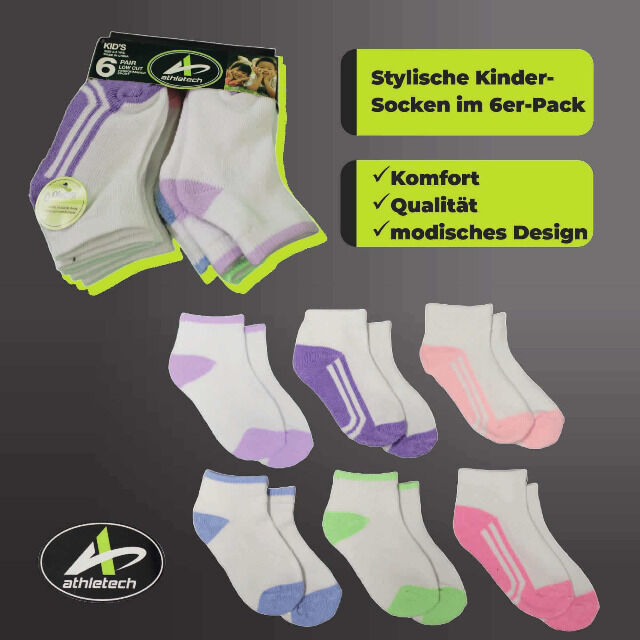 Athletech 6 Paar Low-Cut-Sportsocken für Kinder 3-5 Jahre bis Gr. 34 Pastellfarben Kindersocken Sneakersocken Sportsocken für Kinder Füßling