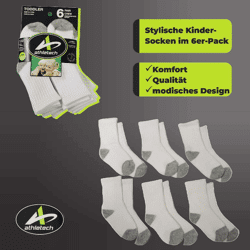 Athletech 6 Paar Sportsocken für Kinder 2-3 Jahre bis Gr. 28 hoher Bund grau weiß Sneakersocken Kindersocken Füßlingen Socks Socken Kinder