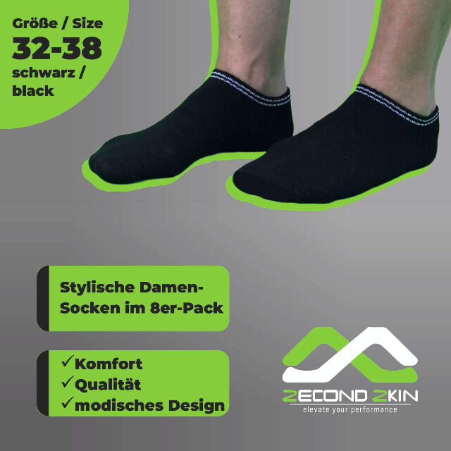 Zecond Zkin 8 Paar Sneaker Socken Gr. 32 - 38 schwarz Sommersocken Füßlinge aus Baumwolle Baumwollmischgewebe Halblinge Damensocken Socks