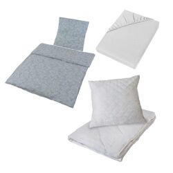Bettenset bestehend aus: Decke, Kopfkissen, Spannbettlaken und Bettwäschegarnitur