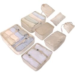 8er Set Koffer Organizer beige - mit Kosmetiktasche - Packtaschen - Packing Cubes - Reiseorganizer & Kleidertaschen für Reisen…
