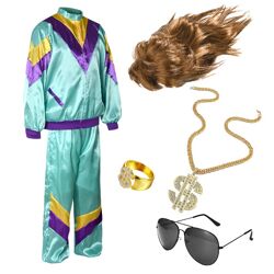 6 in 1 Vokuhila Set 80er Outfit Kostüm mit Unisex Trainingsanzug, Assi Perücke, Goldkette, Brille - für Fasching / Karneval