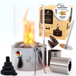 Realox® Tischkamin Silber - Komplettset - Ethanol Tischkamin Indoor & Outdoor - unendlich Brenndauer - wärmendes Tischfeuer