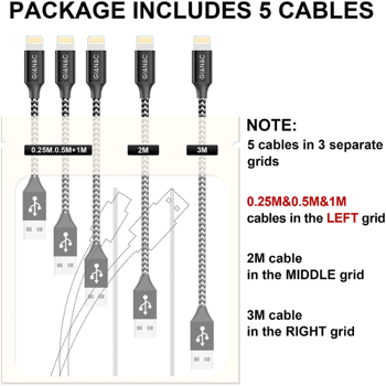 GIANAC Ladekabel für iPhone Lightning Kabel 5 Stück 0.25M 0.5M 1M 2M 3M