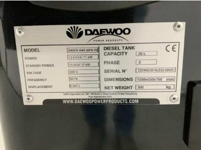 Daewoo Diesel Generator DAGFS-15AC Stromgenerator Stromerzeuger Notstromaggregat