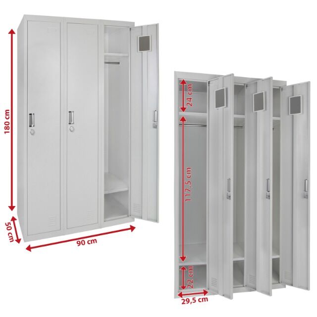 Dreifachspind, 3er Spind, dreitürig, 180 x 90 x 50 cm, perfekt für Unterkunft von Flüchtlingen