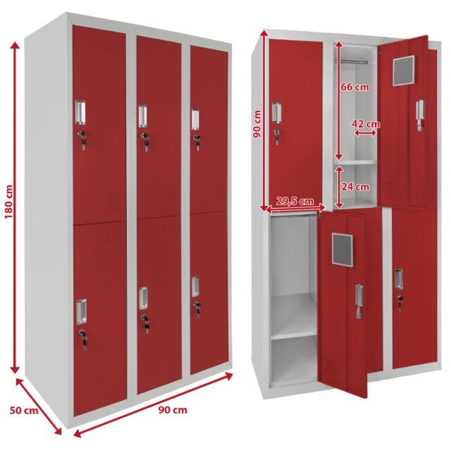 Schließfachspind dreireihig mit 6 Fächern, Spind, Schließfach, 180 x 90 x 50 cm, perfekt für Unterkünfte und Vereine