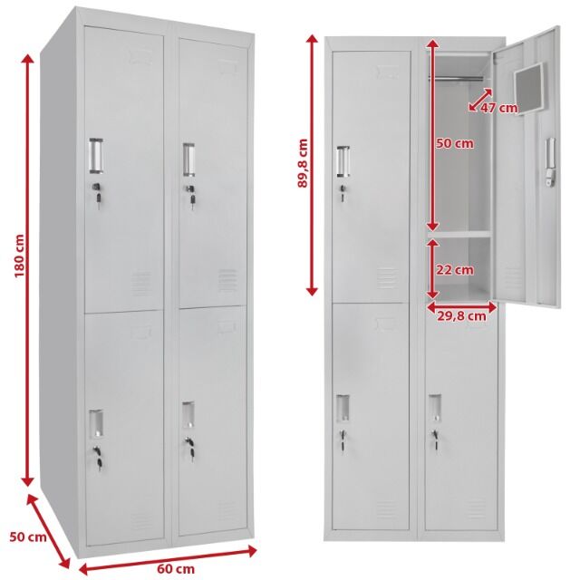 Schließfachspind zweireihig mit 4 Fächern, Kleiderstange und Ablagefach, 180 x 60 x 50 cm, perfekt für Unterkunft von Flüchtlingen