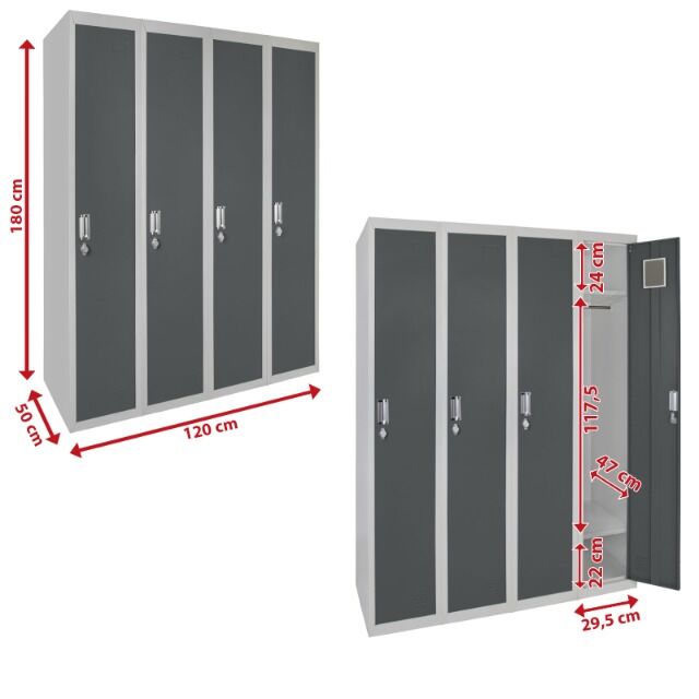 Vierfachspind. 4er Spind, viertürig, 180 x 120 x 50 cm, perfekt für Unterkunft von Flüchtlingen