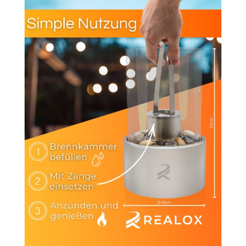 Realox® Tischkamin Silber - Komplettset - Ethanol Tischkamin Indoor & Outdoor - unendlich Brenndauer - wärmendes Tischfeuer