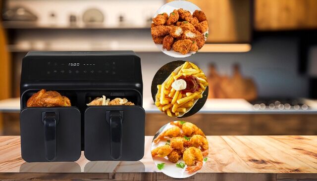 Heißluft Fritteuse 9 Liter I 4,5 L + 4,5 L I Doppel Heißluftfritteuse I doppelter Airfryer I Air Fryer I Touchscreen I Doppelkammer
