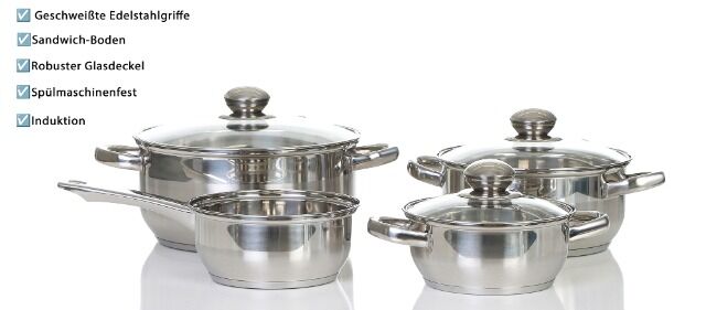 Premium Topfset Induktion 7-teilig, Edelstahl satiniert, für alle Herdarten, Kochtöpfe mit Glasdeckel, Induktions Töpfe Set