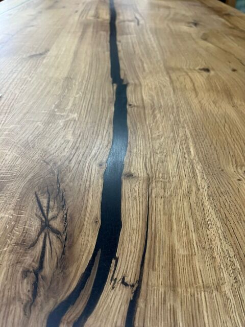 Esstisch Tisch +Epoxidharz Schwarz + Baumkante Eiche + Vollmassivholz 4cm 220x100cm +mehrere Größen wählbar
